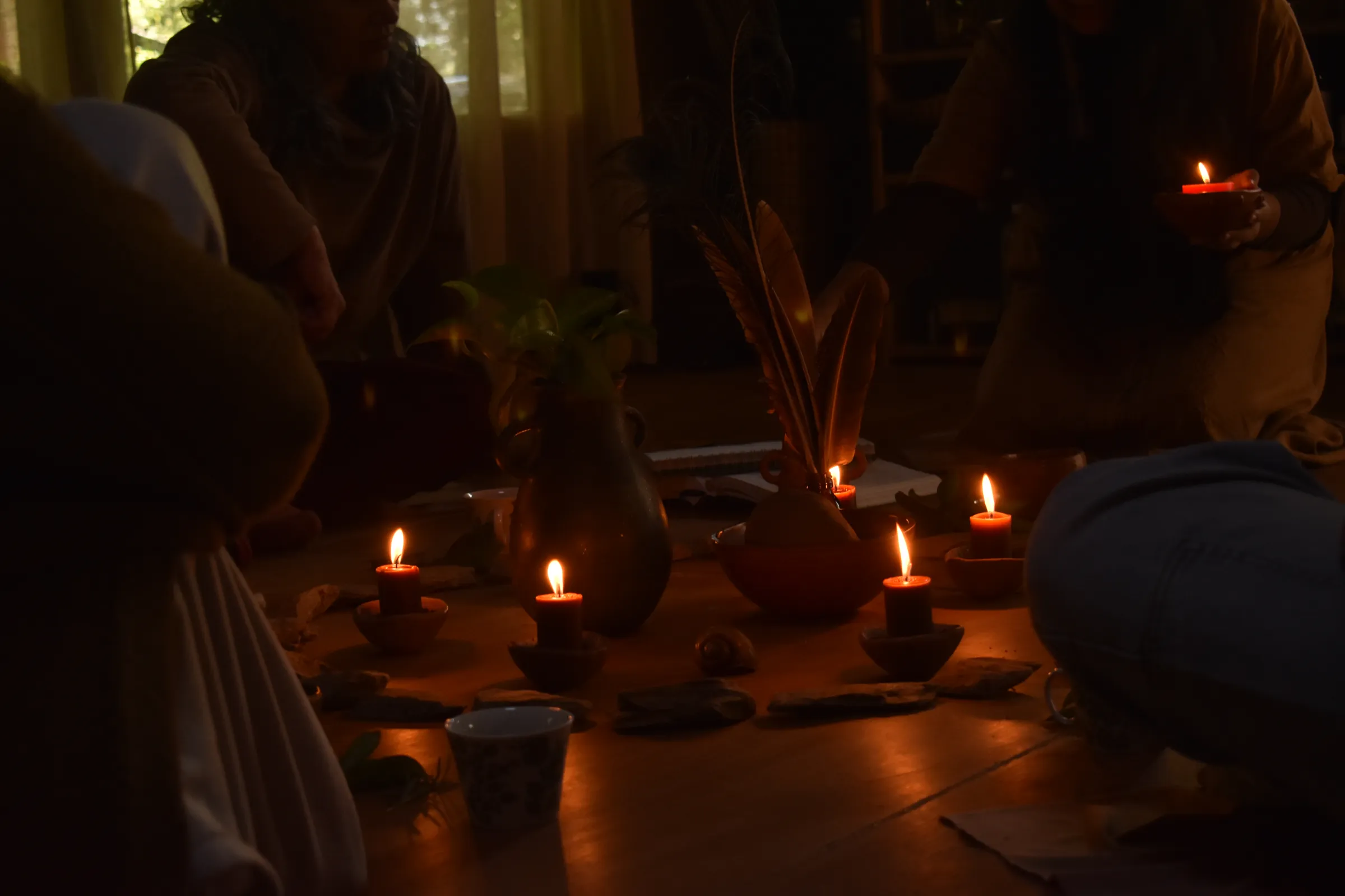 Círculo de personas con velas, plantas y objetos simbólicos en el centro